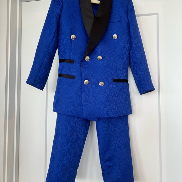Boys Royal Blue Jacquard Double Breasted Tuxedo Suit (8/9 year) - Picture 2 of 16